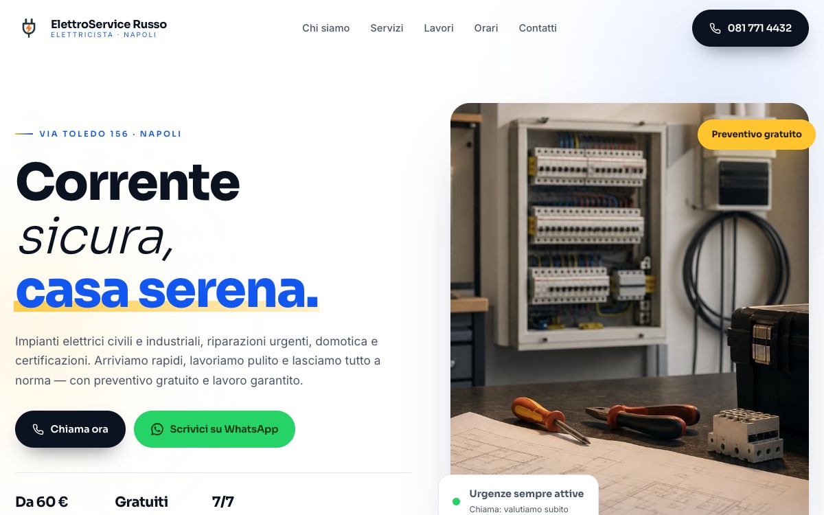 Sito vetrina ElettroService Russo — Elettricista · Napoli, creato con SitoMat