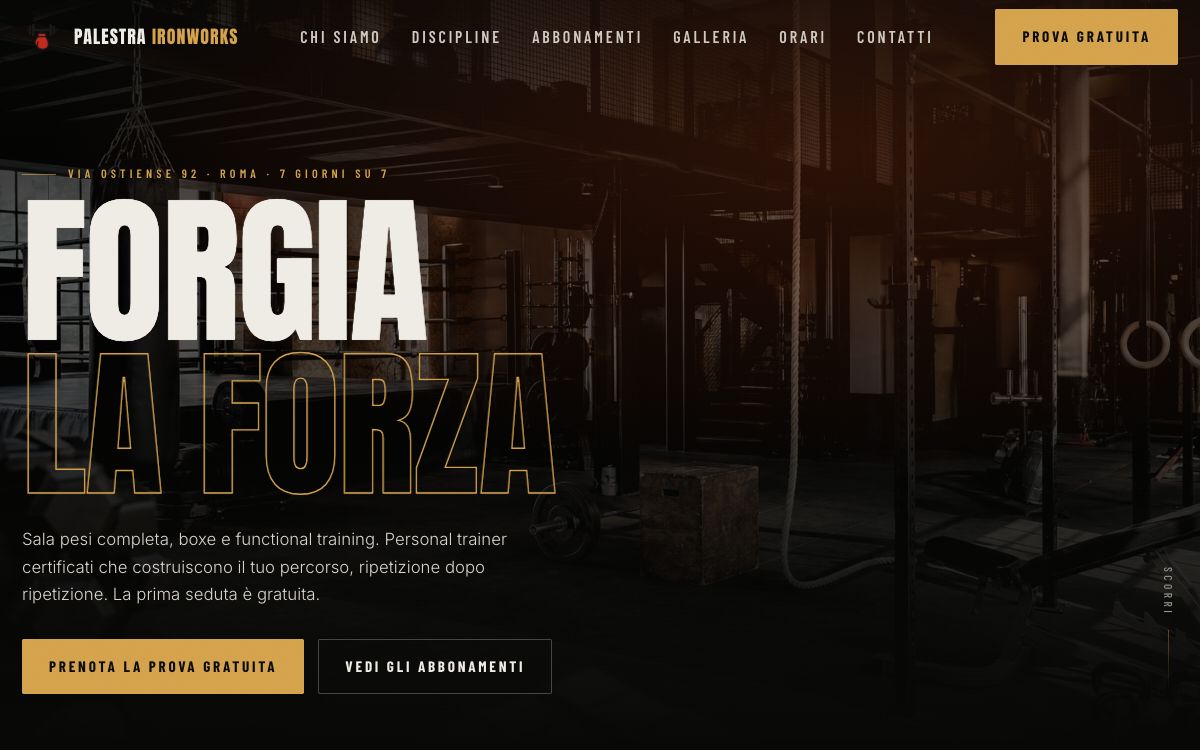 Sito vetrina Palestra IronWorks — Palestra · Roma, creato con SitoMat